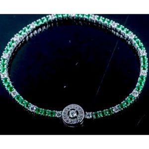 925 Sterling Silver Bracelet w/ Fancy Clasp, Green Emeralds & Clear Swarovski
